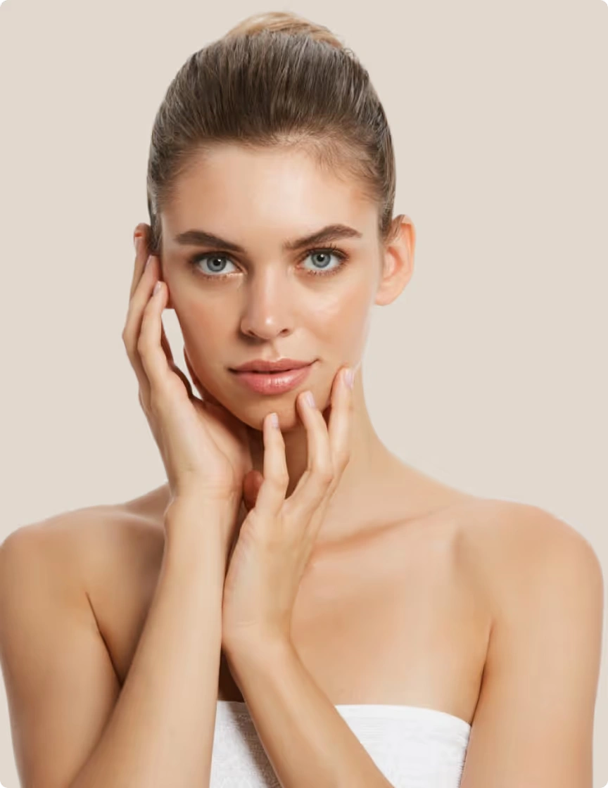 Woman with fresh, lifted skin after a non-surgical facelift